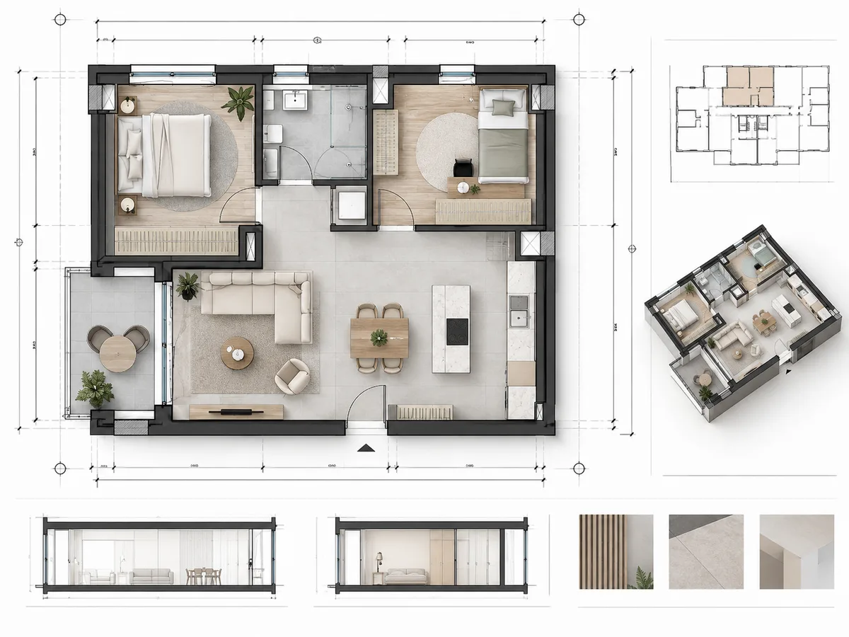 Planimetri e një apartamenti, punim studenti në ArchiCAD