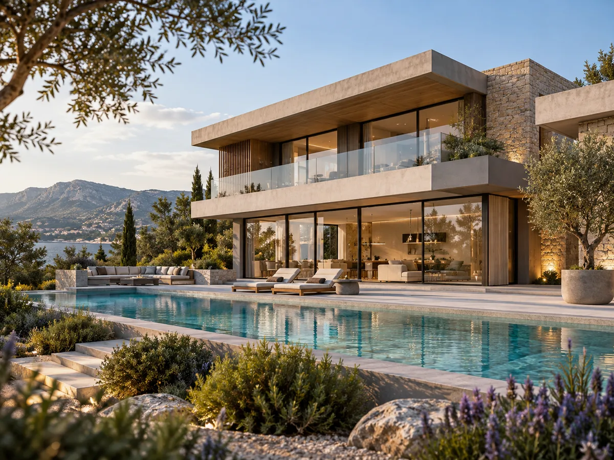 Render fotorealist i një vile me pishinë, punim studenti në 3ds Max dhe Corona Renderer